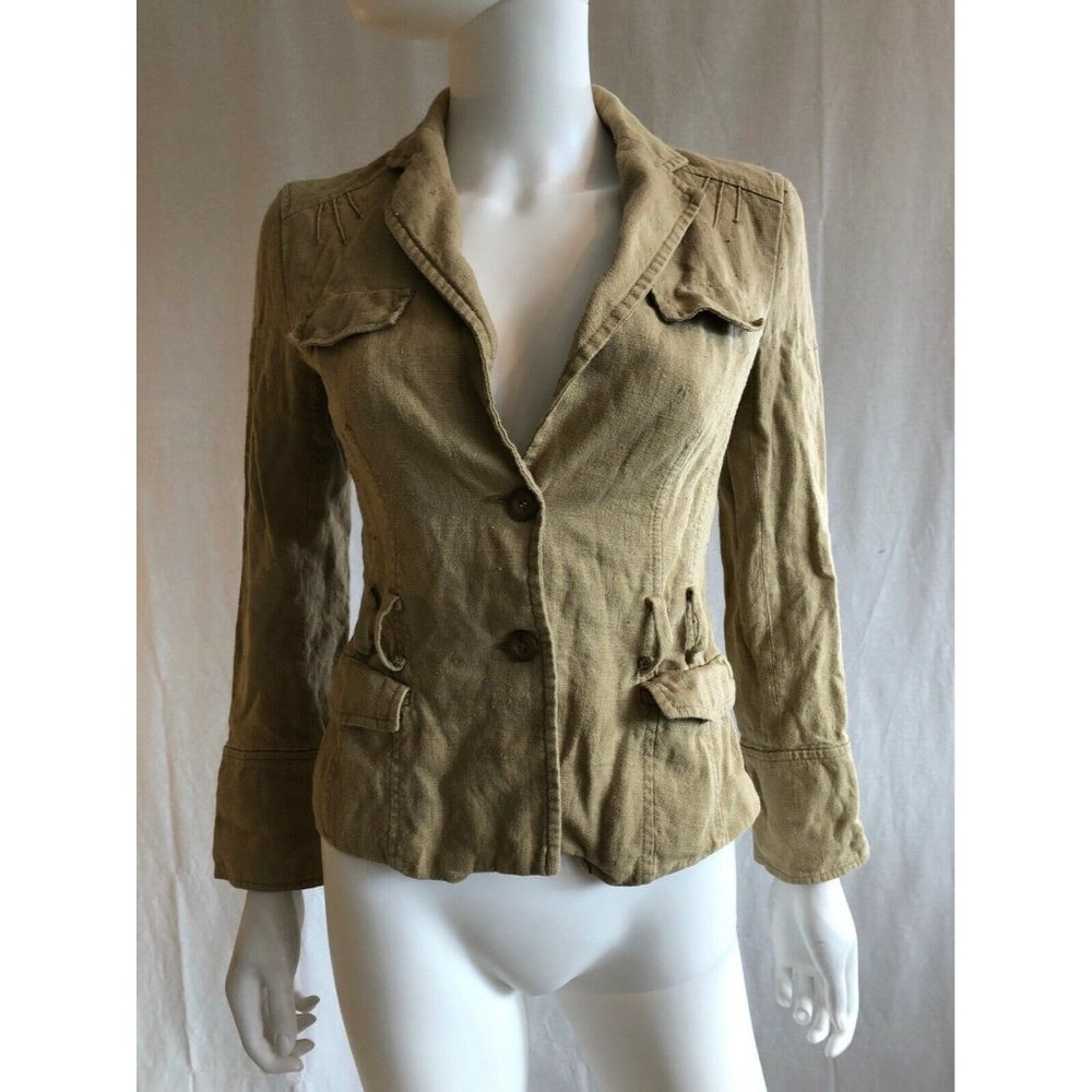 Zara Basic Women'a Blazer Jacket Khaki Button Long Sleeves 100% Linen Size S